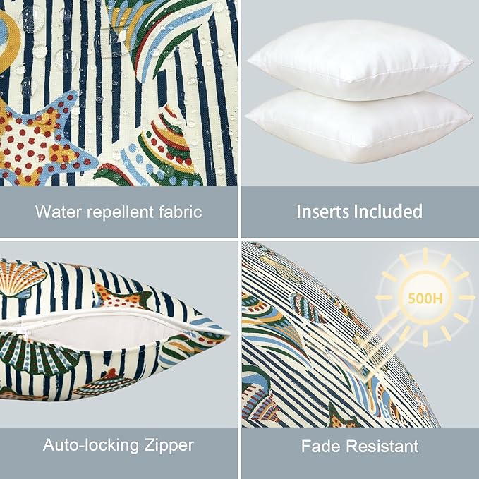 LVTXIII Outdoor Throw Pillows 20x20 Patio Waterproof Square Pillows with Piping Fade Resistant Accent Pillow for Spring Summer Garden Decoration, Set of 2, Crayon Shells