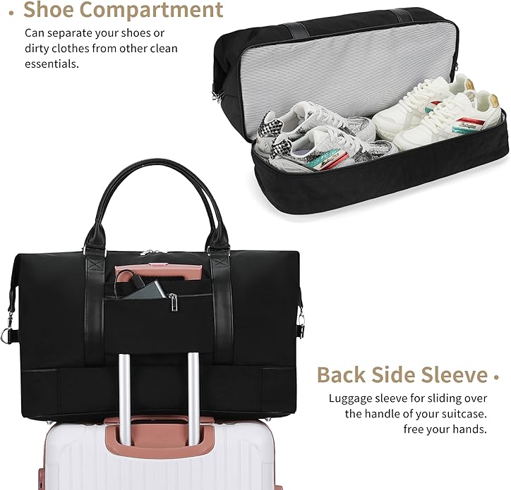 Women's Weekender bag Travel Duffel Bag with Shoe Compartment 21-inch Airline-Approved Carry-On, 2-Piece Overnight Bag Set Personal Item Luggage