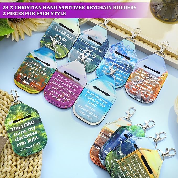 Kenning 24 Pcs Christian Hand Sanitizer Keychain Holders Travel Size Religious Gift for Christmas Women Employee Appreciation