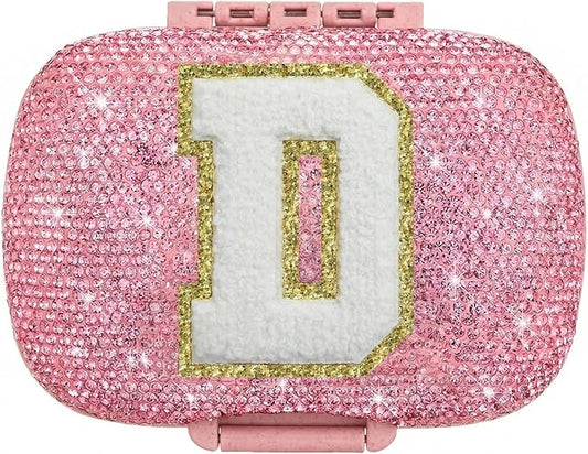 Cute Pill Organizer Small Bling Pill Case for Purse Medicine Vitamin Container Holder Daily Pill Box Container for Women Travel Medicine Kit(Letter D Pink)