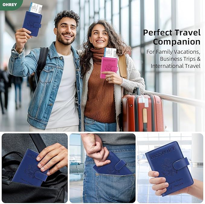 Passport Holder for Travel Family with Slot for AirTag & Luggage Tag Cover, – RFID Blocking Passport Wallet for Women & Men | PU Leather Passport Cover Case with Money Pocket – Blue