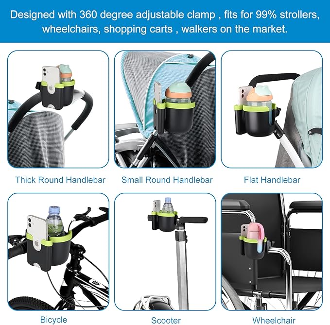 Accmor Stroller Cup Holder with Phone Holder, Bike Cup Holder, Universal Cup Holder for Uppababy Nuna Doona Strollers, 2-in-1 Cup Holder for Walker, Wheelchair, Scooter