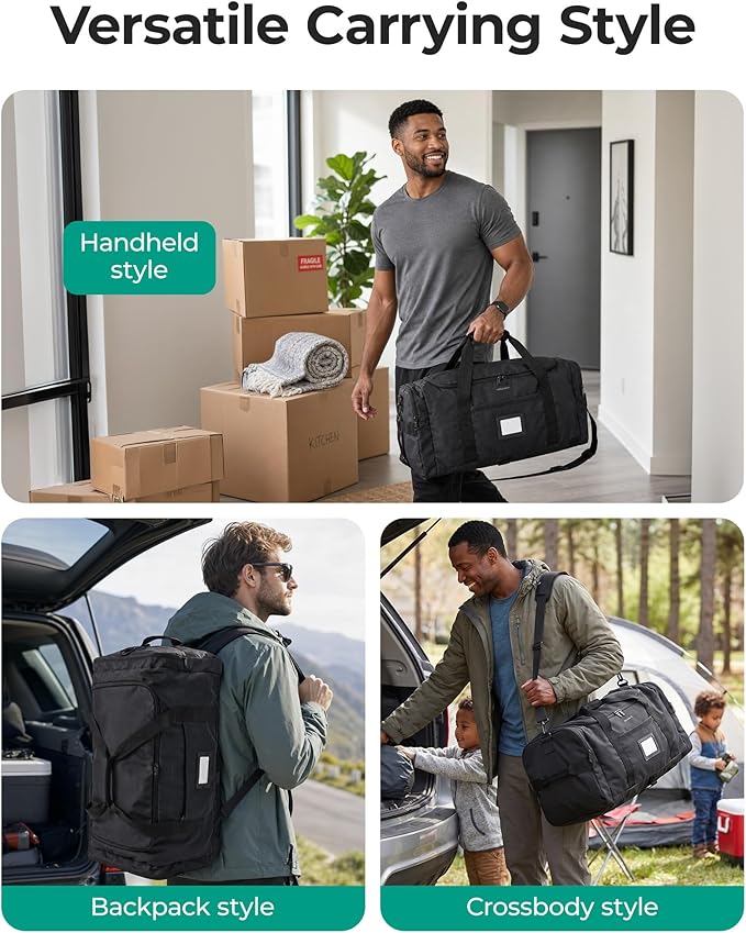 BAGSAMRT 60L Foldable Duffle Bag for Travel, Large Travel Duffel Bag for Men, 4 in 1 Travel Backpack, Carry on Weekender Bag, Light Brown
