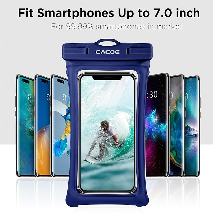 CACOE Universal Waterproof Phone Case 2 Pcs-Up to 7.0",Phone Pouch with Adjustable Neck Lanyard,IPX8 Cellphone Dry Bags for Beach Pool Swimming (Black+Dark Blue, Up to 7.0"-Floatable)