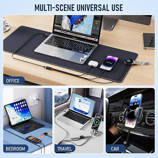 Travel Essentials 3 in 2 Multi Charging Cable 100W USB A/C to Dual USB C/for Apple Watch Charging Cable Silicone Fast Charge Compatible with iPhone 17-15 Series iPad MacBook, Type-C Devices 5FT-Black