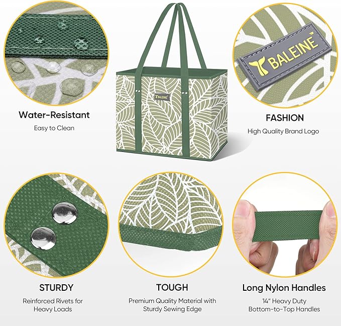 BALEINE 6Pk Reusable Grocery Bags, Foldable Shopping Bags for Groceries with Reinforced Bottom & Handles (Antique Foliage)