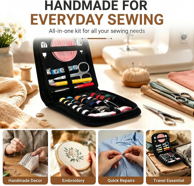 JANREAY Sewing Kit for Adults Travel, Small Sewing Kit for Beginners, Travelers, Emergency Mini Needle and Thread Kit with 14 Thread Spools, Needles, Threader, Scissors,Tape Measure, Buttons