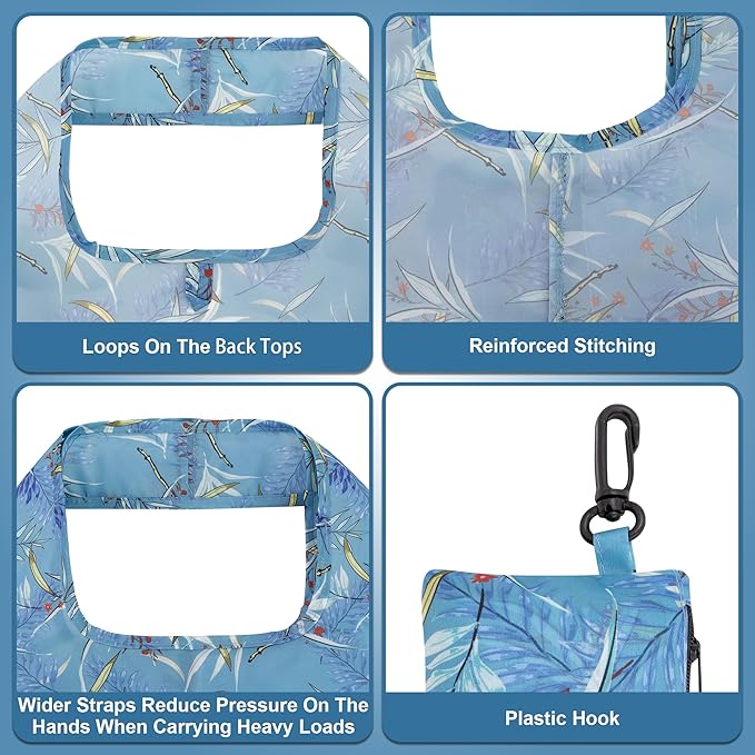 HOLYLUCK Reusable Grocery Bags,Heavy Duty Foldable Shopping Tote Bag (Standard, Blue leaves)