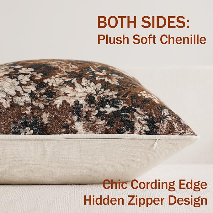 DEZENE Pack of 2 Vintage Floral Throw Pillow Covers 18x18 Boho Farmhouse Accents Chenille Square Decorative Pillow Cases for Living Room Couch Bed Home Decor, Dark Brown