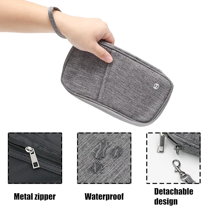 Waterproof Passport Holder for Travel Family, Travel Document Organizer with RFID Blocking, Portable Passport Wallet for Men Women (Grey)
