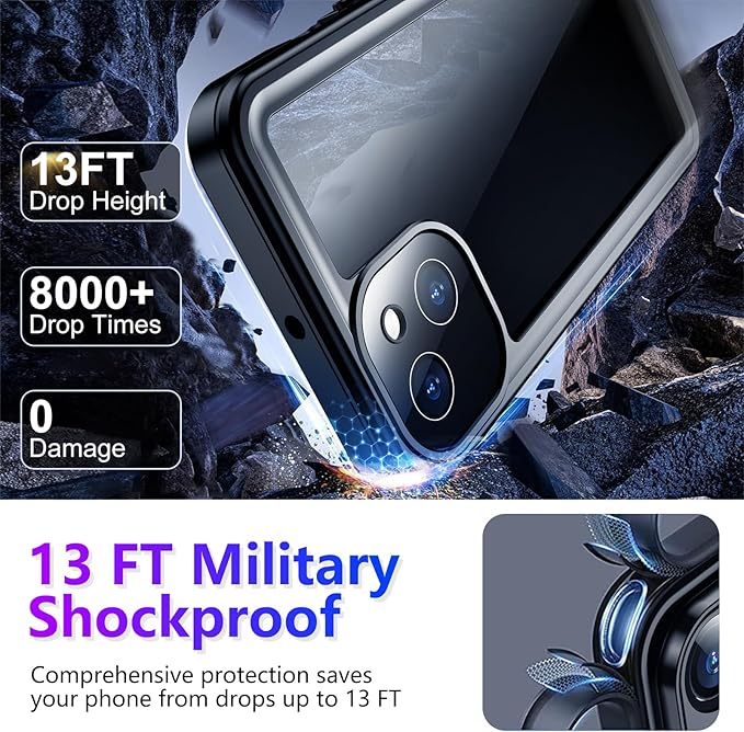 Compatible with iPhone 13 Case Waterproof, Built-in Screen & Camera Protector IP68 Underwater Full Body 13FT Military Dropproof Shockproof Phone Case 6.1"-Blue/Clear
