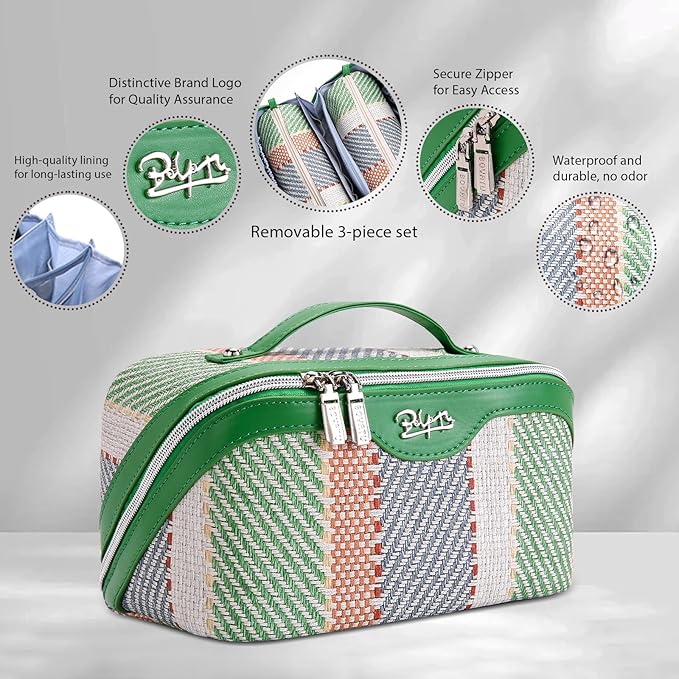 BOYATU Travel Makeup Bag Cosmetic Bag for Women: 3 Pcs Set Make up Bag with Compartments - Waterproof Vegan Leather Toiletry Bags with Handle - Makeup Organizer for Travel Essentials(C-2-Green)