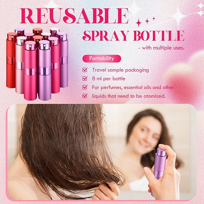 Honeydak 16 Pack 8 ml Refillable Perfume Atomizer Mini Refillable Spray Travel Bottles Empty Cologne Sprayer Portable Fragrance Atomizer with Funnel, Dispenser, Pipettes, Bag(Red,Pink,Purple,Rose Red)