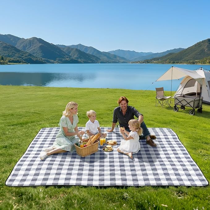 TigeJoy Extra Large Picnic Blanket Waterproof Foldable 60''x80'', Outdoor Picnic Mat Beach Blanket Sandproof for Park, Grass, Travel, Hiking, Camping Essentials, Gingham Picnic Blanket