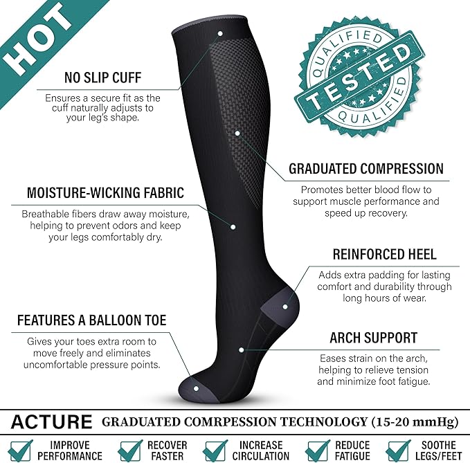 Acture 6 Pack Compression Socks for Women and Men - Knee High for Medical, Running, Nurses, Travel