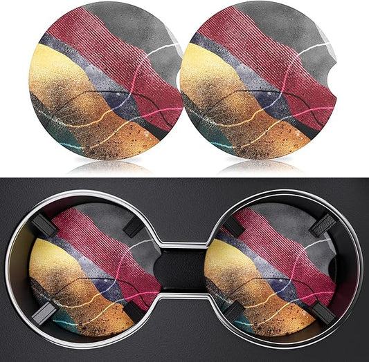 2 Pack Car Cup Holder Coaster, 2.63 inch Anti Slip Insert Absorbent Ceramic Car Coaster with Cork Base and Finger Notch, Cute Car Accessories Interior for Women, Cute Car Coasters., CH0025