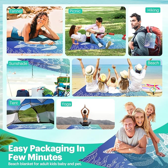 EASYFUN Beach Blanket Sandproof Oversized, 79''×83'' Extra Large Beach Mat, Portable Picnic Mat for Travel Camping Hiking, Lightweight Beach Essentials Family Water Resistant Mat