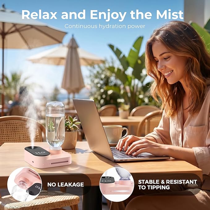 Travel Humidifier, Portable Mini Cool Mist Humidifier, Small Bottle Humidifier with Auto Shut-Off, Night Light, USB Rechargeable, for Bedroom, Office, Hotel, Car and Plants, Pink