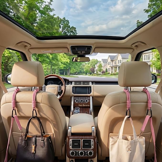 360° Rotating Car Seat Headrest Hooks, Universal Car Organizer Hooks for Bags and Groceries, Pink 2pc