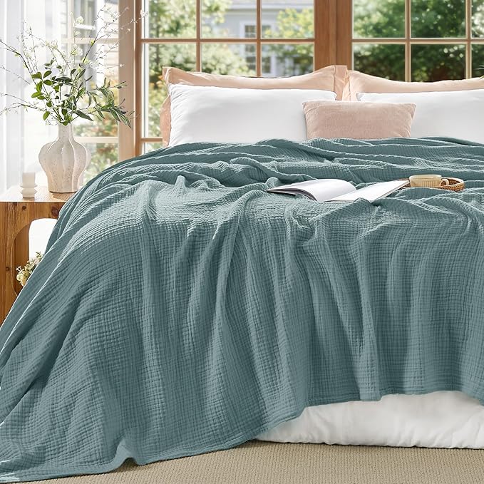 BEDELITE 100% Cotton Muslin Blankets for Adults - 4-Layer Queen Size Breathable and Lightweight Gauze Blanket for Couch, Bed, Travel and Summer, Soft & Cozy Gift for Women, Teal, 90"x90"