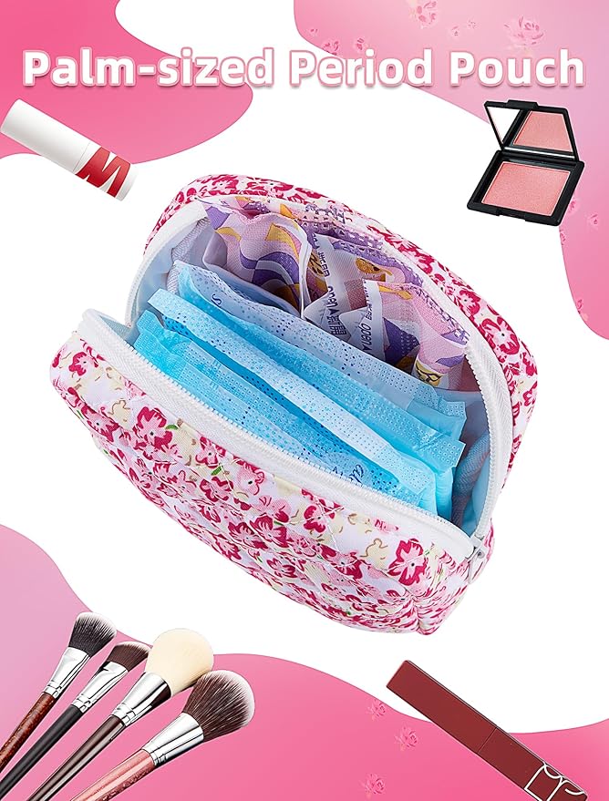 Period Bag for Girls, Quilted Period Pouch for Women, Floral Sanitary Napkin Storage Bag Menstrual Pad Pouches Tampon Holder for Purse Pad Bag Gifts for Teen Girls(Red)