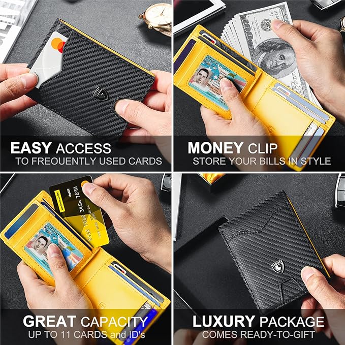 GSOIAX Slim Wallet for Men Rfid Blocking Leather Bifold Front Pocket Carbon Fiber Men's Money Clips Credit Card Holder With Gift Box