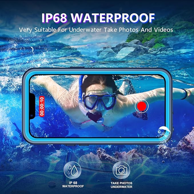 Compatible with iPhone 14 Case Waterproof, Built-in Screen & Camera Protector IP68 Underwater Full Body 14FT Military Dropproof Shockproof Phone Case 6.1"-Blue/Clear