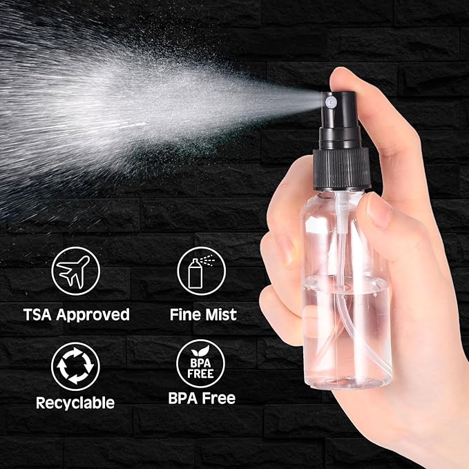 Roshtia 50 Pcs 2 oz Plastic Mini Spray Bottles with Black Cap Clear Empty Fine Mist Spray Bottles Refillable Liquid Container for Essential Oils Perfumes Travel Makeup
