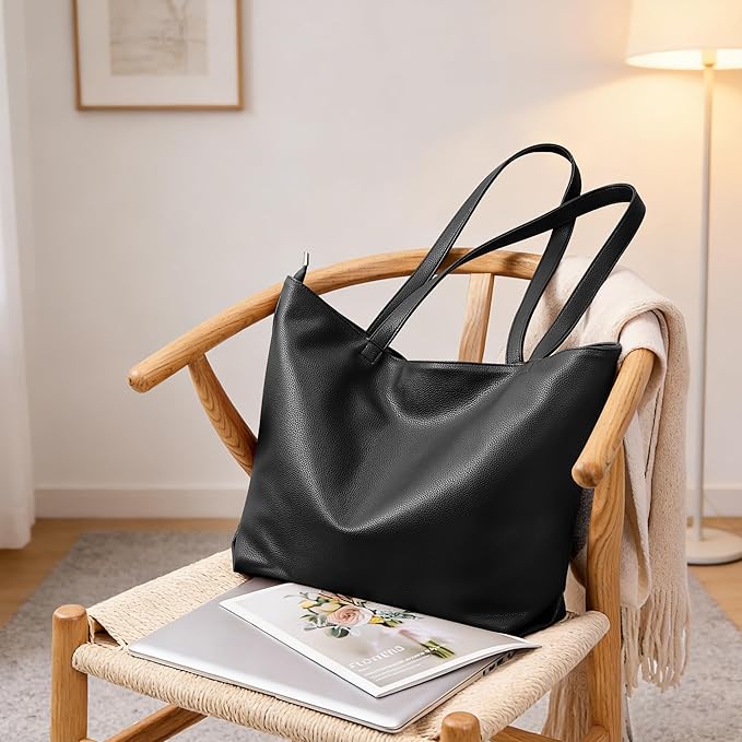 WLLWOO Soft Vegan Leather Tote Bag for Women Large Casual Hobo Handbags Zipper Shoulder Work Daily Weekender Travel Purse