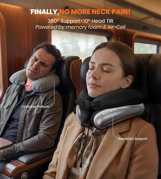 Neck Pillow for Traveling, Travel Pillows for Airplanes, Adjustable Neck Pillow Airplane Travel Essentials - 2 Layer Patented | Inflatable Air Loop & Memory Foam for 360° Ergonomic Support