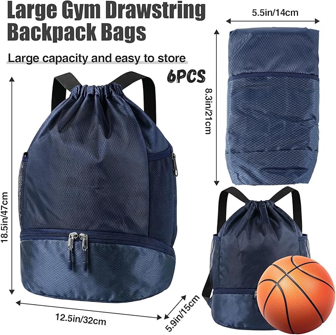 6 Pack Gym Drawstring Backpack Bags Bulk with Shoe Compartment for Sports Wet Proof Pocket for Men Women Large(Grey, Navy Blue)