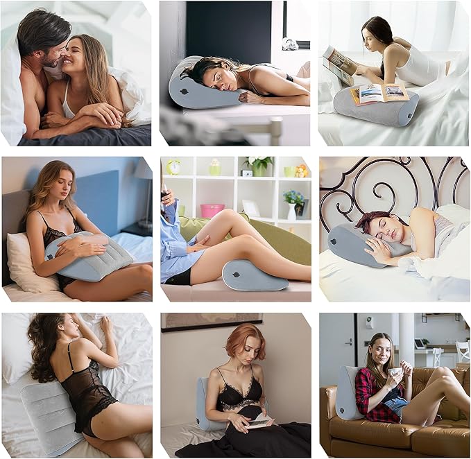 Portable Inflatable Wedge Pillow,Body Positioner for Sleep Support, Adjustable Travel Cushion - Lightweight Bed/Leg/Partner Support Pillow, Fast Inflation, Grey 1 Pack