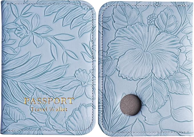 lizimandu Passport Holder with Airtag Slot, Airtag Passport Wallet for Men Women, Slim Leather Passport Holder Case Family for Travel Anti-Lost(1-Carved Light Blue)