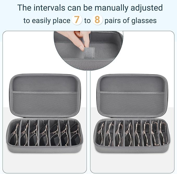 Mkono Travel Sunglasses Organizer Glasses Case Multiple Pairs with Adjustable Slots Eyeglasses Case Storage Box for Men (8 Slots, Gray)