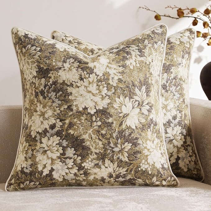 DEZENE Pack of 2 Vintage Floral Throw Pillow Covers 16x16 Boho Farmhouse Accents Chenille Square Decorative Pillow Cases for Living Room Couch Bed Home Decor, Beige