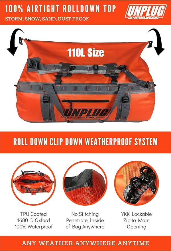 UNPLUG Ultimate Adventure | 1680D Heavy Duty Waterproof Bag | Large Travel Bag which can be Used for Camping, Motorcycling, Boating, or Hunting|110L Adventure Orange