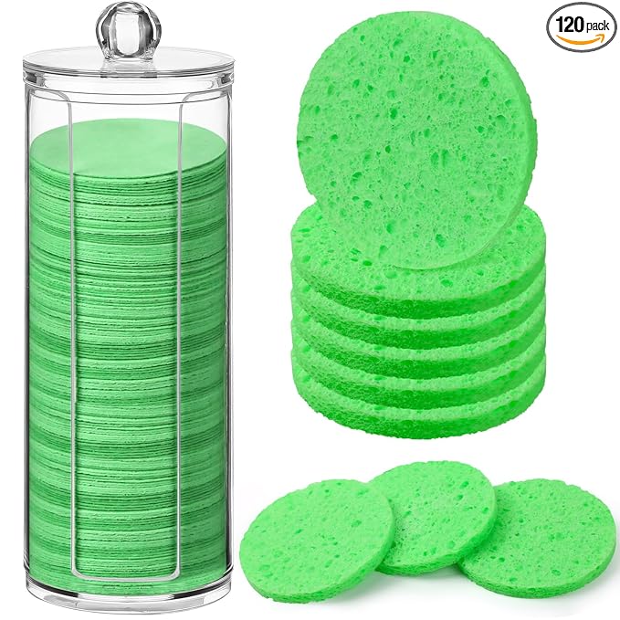 120 Pcs Compressed Facial Sponges Natural Face Exfoliator Disposable Face Sponges for Cleansing Round Soft Facial Scrubber Pads with Storage Container for Makeup Removal Travel (Green)