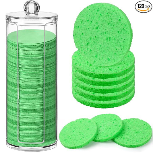 120 Pcs Compressed Facial Sponges Natural Face Exfoliator Disposable Face Sponges for Cleansing Round Soft Facial Scrubber Pads with Storage Container for Makeup Removal Travel (Green)