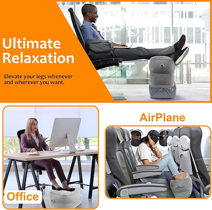 Inflatable Foot Rest Travel Pillow-Adjustable Height Airplane Footrest for Airplane Travel/Car/Train/Home/Office-Airplane Bed for Toddlers, Comfortable Seat Extender for Kids - Grey, 2 Pack