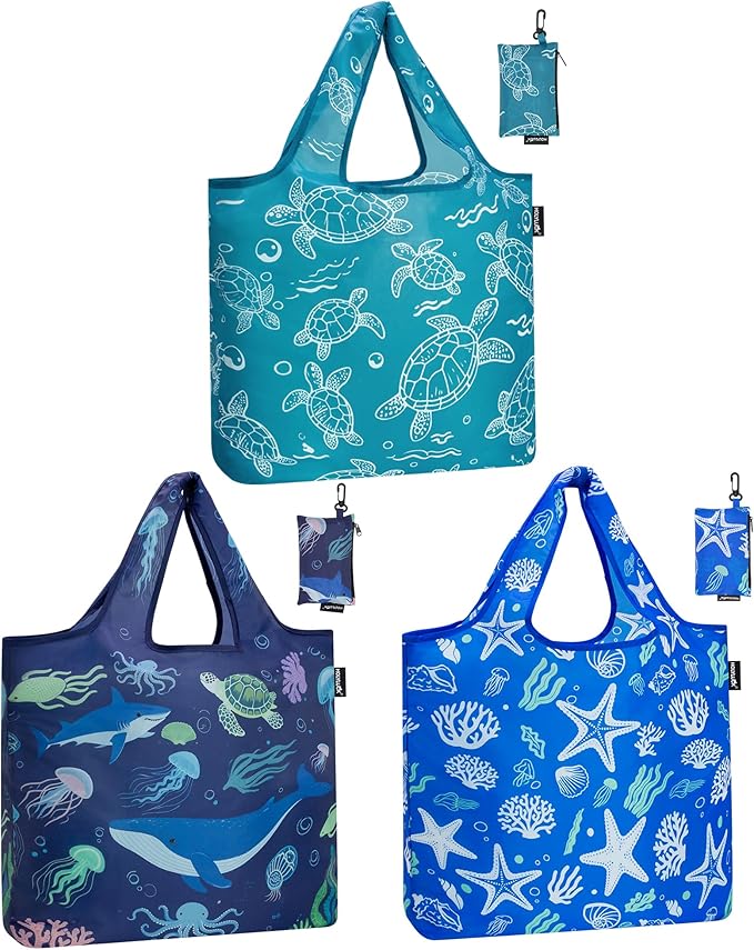 HOLYLUCK Reusable Grocery Bags,Heavy Duty Foldable Shopping Tote Bag (Standard, 3 Ocean Life)