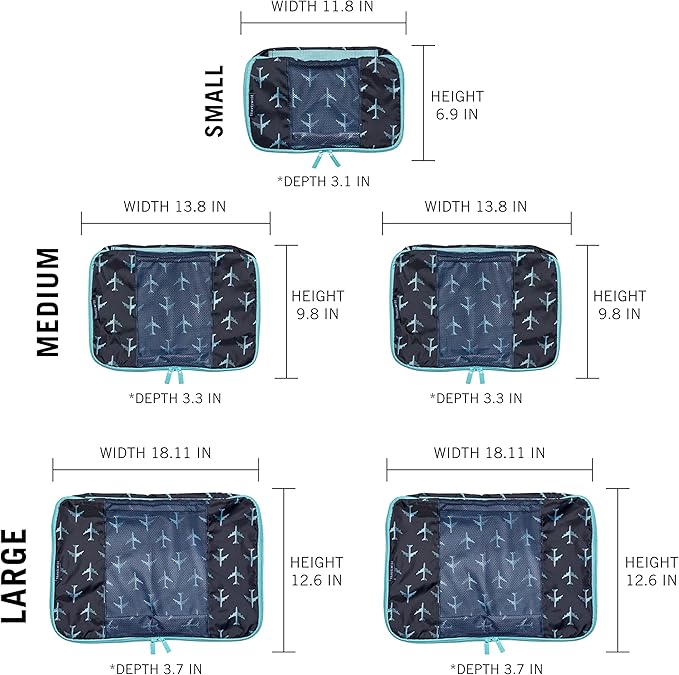 Travel Wise Packing Cubes for Travel - 5 Piece Set with Pattern Design, Lightweight Ripstop Nylon Luggage Organizers with Mesh Panel, Small Medium Large Sizes
