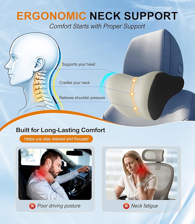 2-Pack Car Neck Pillow: Ergonomic Memory Foam Car Headrest Pillow, Neck Support Pillow for Long Drives, Headrest Support Cushion for Pain Relief, Universal Fit for Cars, SUVs & Trucks – Beige