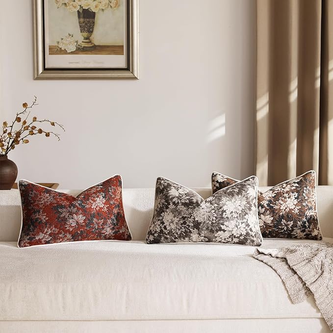 DEZENE Pack of 2 Vintage Floral Pillow Covers 12x20 Boho Farmhouse Accents Chenille Rectangular Lumbar Decorative Throw Pillow Cases for Living Room Couch Bed Home Decor, Dark Brown