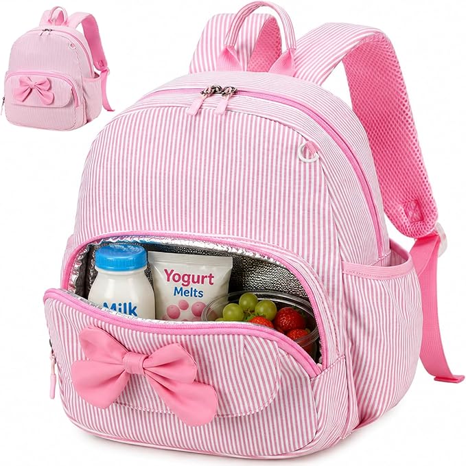 BTOOP Toddler Backpack for Girls 2-4 Preschool Kindergarten Backpacks with Insulated Pocket Cute Kids Daycare Bags School Travel (Pink Bow Stripes)