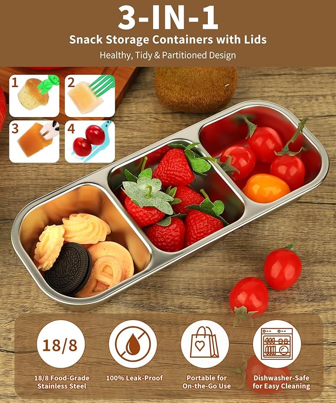 JUJOJB 3 Pack Snack Containers With Bag,Stainless Steel Box With Lids,Leak Proof Metal Lunch Box with 3 Compartments,Reusable Meal Prep Containers for office,Work,Travel For Adults Little One