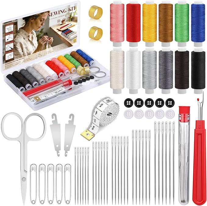 SHWAKK Sewing Kit for Adults, Stainless Steel Needles for Hand Sewing with Thimble, Threader, Thread Rippers, Big Eye Steel Needle and Thread Kit for Beginner, Traveler and DIY Crafter