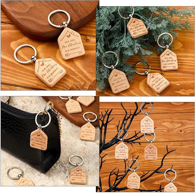 Inbagi 100 Pieces Home Keychain Bulk House Design Keychain Small House Shaped Keychains 2026 Welcome Home Keychains Gifts Homeowner Engraved Wooden Key Tag for Family Client Buyer Customer