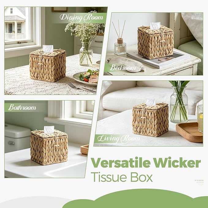 Rattan Tissue Box Cover with Lid, Wicker Tissue Box Holder Square, Hand Woven Cube Tissue Box Cover Tissue Holder for Bathroom Living Room Kitchen Office, Natural