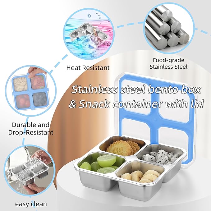 BEFOY 4 Pack Stainless Steel Snack Containers with Lids 4 Compartment Food Storage Containers for Adults & Kids Meal Prep Containers Reusablele (Sky blue, 4)