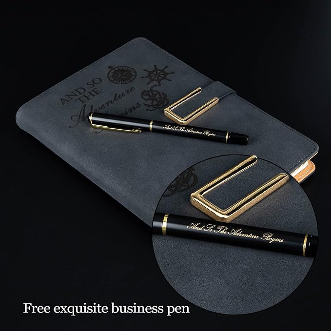 Fanery Sue Refillable Adventure Writing Journal For Men & Women Faux Leather Hardcover Notebook A5 College Ruled 200 Lined Pages Lay-Flat Personal Diary With Pen & Magnetic Buckle (Adventure - Black)